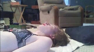 Sissy cums on self while dressed up