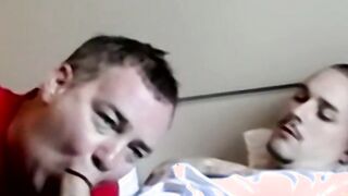 Facialized old guy swallows black and white dick at once