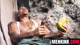 Bald dude King Noire entertains his aroused cock while stranded and alone