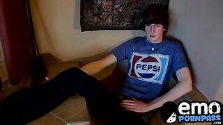 Skinny twink wanks off and cums in his lustful mouth