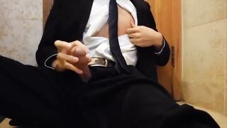 Bareback Student in the WC Takes a Cum  Handjob