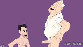Youngster gargling salivating grandfather - cartoon