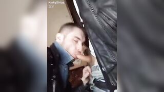 Young dude in leather and denim blow man meat by bad dude in leather jacket