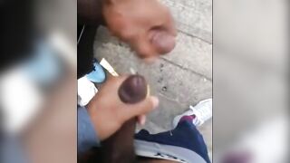 Black amateurs stroke big cocks outdoors